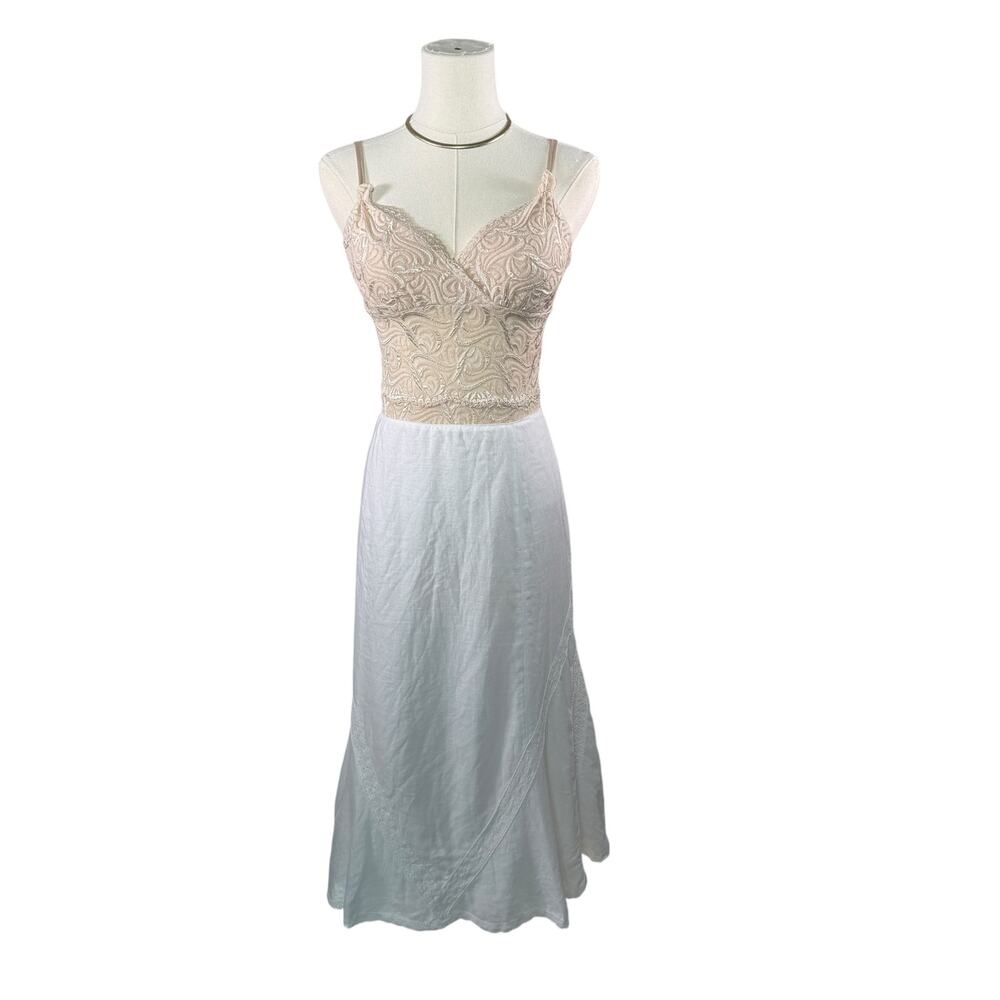 Nine West White Linen A-Line Skirt Lace Panels Size 12 Coastal Romantic